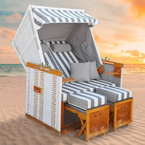 BRAST® Strandkorb Norderney Deluxe für 2 Personen | 120cm breit | 4 Designs | inkl. wetterfeste Abdeckhaube | verstellbare Rückenlehne Fußkissen | Grau/Weiß - gestreift