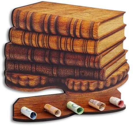 DRO Design Geldgeschenke, Geschenkverpackung Holz-Optik Bücher Motiv – Bargeldgeschenk, Geldpräsent, Kreatives Geldgeschenk, Geburtstag, Hochzeit, Weihnachten