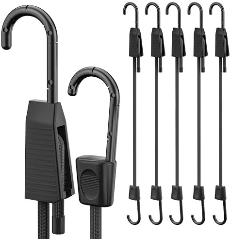 Rugtol Expander mit Haken, 6er Set Verstellbar Spanngummi 45 cm Schwarz, 100% Latex Gummispanner mit Stahlhaken und kratzfester Kunststoffbeschichtung für Zelt, Gepäck oder Garten, Outdoor Allzweck