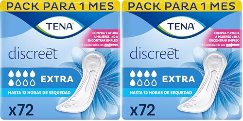 TENA Discreet Extra x72 - Compresas Diarias para la Incontinencia Femenina - Absorción Media para Pérdidas de Orina - Hasta 12 Horas de Sequedad - Paquete Mensual (6x12) (Paquete de 2)