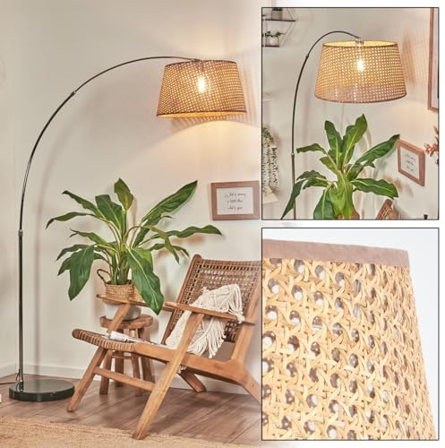 HOFSTEIN Stehleuchte Barcos, Stehlampe mit Marmorfuß aus Metall/Rattan/Wienergeflecht/Stoff in Schwarz/Chrom/Natur/Braun, verstellbare Leuchte, Boho-Design, Fußschalter, E27, Wohnzimmer, Schlafzimmer