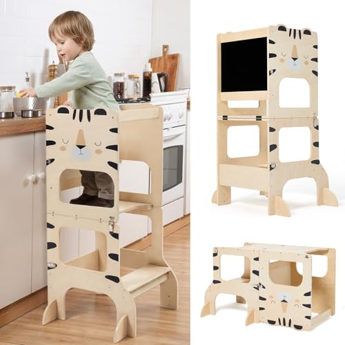 labebe lernturm für Kinder, klappbar Montessori Learning Tower, 3 in 1 lernstuhl Kinder mit Message Boards ab 1 Jahr-Tiger