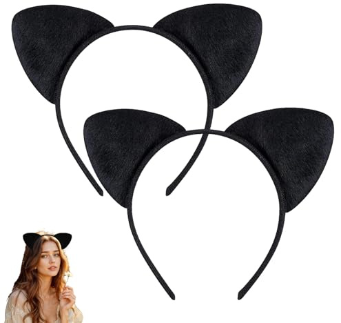 SSHUIKKAI 2 Stück Katzenohren Haarreif Erwachsene, Cat Ears, Katzen Ohren, Katzenohren Haarreif Kinder, Cat Ears Headband, für Mädchen Damen Karneval Fasching Party Cosplay(Schwarz)
