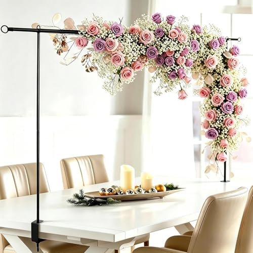 DSxiaozhi Over The Table Rod Stand with Clamps, Adjustable 42-123cm Tall ,80-250cm Length Black Retractable Table Arch Banner Stand Hanging for Wedding Birthday Party Decorations