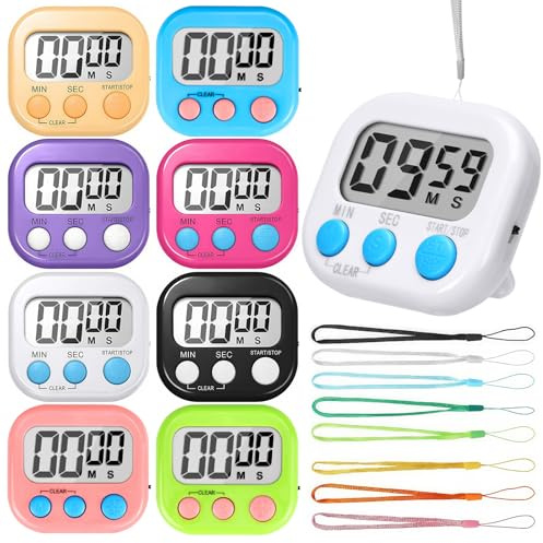 8 Pack Kitchen Timer Digital, Magnetic Back Large Screen Countdown Timers | with Loud Alarm, Stopwatch Timer for Kids with 8 Straps Count Up/Down for Cooking Classroom Kids Baking Gym Study Teeth