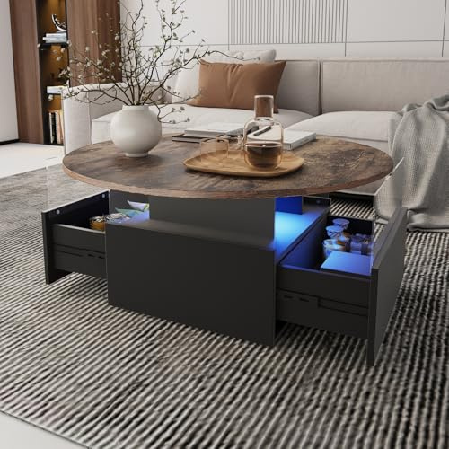 KEEPREAPER Couchtisch rund Wohnzimmertisch LED 80x80x40cm Schwarz Braun | Kaffeetisch mit 2 Schubladen und extra Ausstellungsfläche für Wohnzimmer