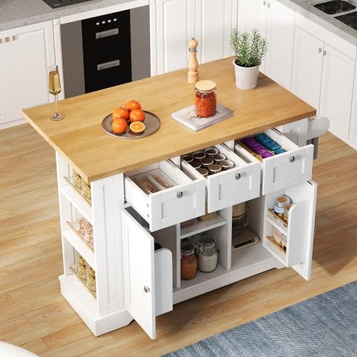 A ALFRESCOOL Armadietto da cucina con piano di lavoro, isola da cucina con portaspezie, portasciugamani, 5 rotelle, armadio multifunzione, bianco, 132 x 70 x 87 cm