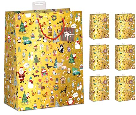 PremiumLine Geschenktüten Weihnachten Groß, 6 Stück | Hochwertig beschichtet & mit Beschriftungskarte | Sehr Stabil, Verstärkter Boden & Rand | FSC® Karton 210 g/m² | DIN A4 (26x32x12cm)
