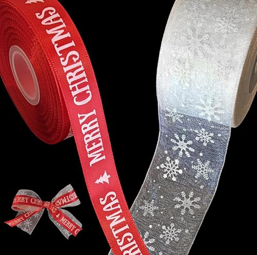 PINEPAN 2 Rollen Geschenkbänder Weihnachtsweites Weihnachtsband für Geschenkverpackungen Grobgewebtes Band Satinband für Weihnachtsbaum Kränze Weihnachtsfeierdekorationen DIY Bastelarbeiten Rot Weiß