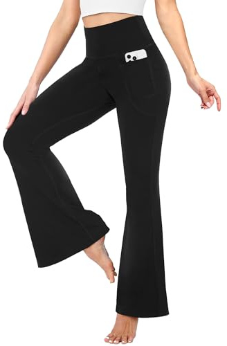 TNNZEET utsvängda byxor dam, hög midja med fickor, yogabyxor, utsvängda leggings, ogenomskinliga, bootcut, jazzbyxor, joggingbyxor för gym och sport, A-svart, L