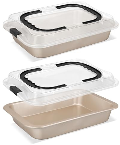 XJGQZ 2 Pack Cake Baking Pan with Lid and Handle, 25 x 36.5cm Non-Stick Rectangle Sheet Cake Pan Carrier for Brownie Roasting Cooking Baking - Gold