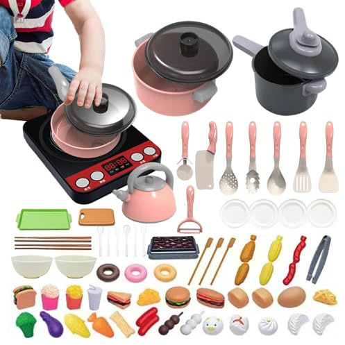 Toy Kitchens Accessories Playset - 71 Pieces Pretend Cooking Pots | Pans Utensils Food Play Kitchen Set Kids Role Play Simulation Cookware Collection Interactive Sound Effect Kitchen Toys Early Learn