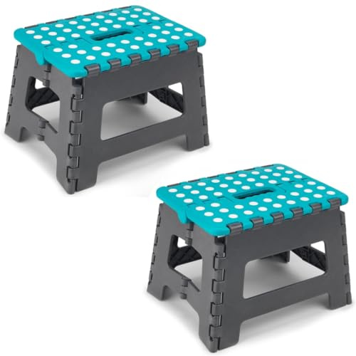 STERUN Folding Step Stool 9 Inch, Pack of 2, Portable Non-Slip Surface for Kids and Adults, Heavy Duty Foldable Stool with Carry Handle, Space-Saving for Kitchen and Bathroom (Blue/Grey)