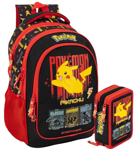 Pack Rentrée Scolaire Garçon pour Fan de Pokémon - Sac à Dos École Primaire (Adaptable Trolley) + Trousse Garnie 3 Compartiments 46 Pièces - Set Assorti (6-11 Ans)