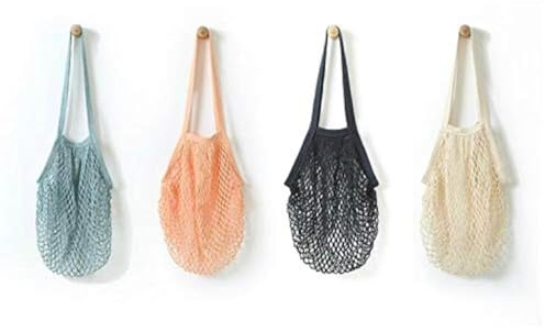 JM-capricorns 4 Pack Portable Reusable Grocery Bags Fruit and Vegetable Bag Washable Cotton Mesh String Organic Organizer Shopping Handbag Long Handle Net Tote (blue,Black,Beige,Orange)