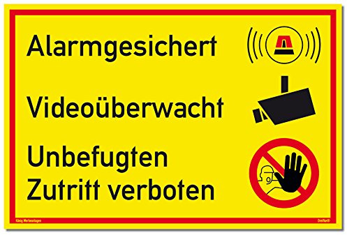 Cartel Alarma gesic Hert Vídeo Mediante wacht No Autorizado Acceso Prohibido Amarillo | Estable Aluminio Cartel con Protección UV 30 x 20 cm | Alarma Cámara Mediante wacht | dreifke