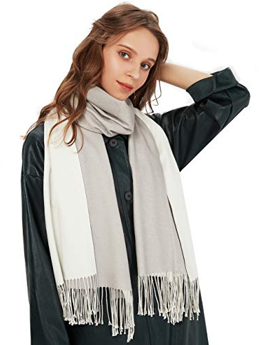 maamgic Schal Damen Zweifarbig Stola mit Baumwolle Herbst Winter Mehrfarbige Deckenschal MEHRWEG Weiß Hellgrau