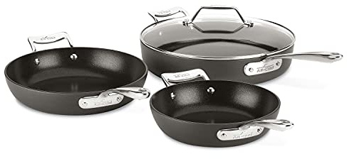 All-Clad Essentials Hard Anodized Nonstick Sauce Pan Set 4 Piece, 8, 10.25 Inch, 4 Quart Oven Broiler Safe 500F Pots and Pans, Cookware Black