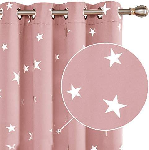 Deconovo Darkening Curtains Blackout Eyelet Thermal Insulated Silver Star Foil Printed Curtains Ring Top for Bedroom 46x72 Inch Coral Pink 2 Panels