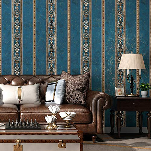 Prior.choice Vliestapete im Vintage-Stil, luxuriös, goldfarben, Damaststreifen, 8 Farben, geprägt, strukturiert, für Schlafzimmer, Wohnzimmer, 4,5 x 0,53 m (B x L), Vintage-Blau, 10 x 0,53 m