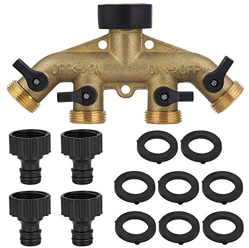 Séparateur de tuyau extérieur robuste Adaptateur de robinet de jardin Collecteur de tuyau d'eau Vanne d'arrêt / marche individuelle, robinet de séparateur de tuyau en laiton massif à 4 voies,