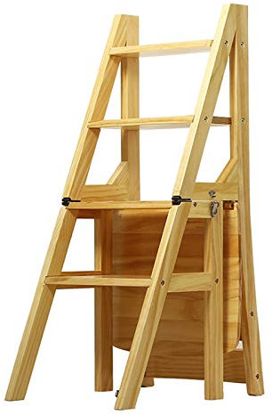 Wooden Step Ladders Stairway Chairs 4-steps Ladder Chair Household Folding Step Stool for Library and Kitchen - 200kg Capacity