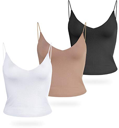 Amilia Women's Basic Solid Deep V Neck Cami Spaghetti Double Layer Crop Tank Tops Casual Shirts (Black&White&Light Brown, Medium)