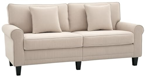 HOMCOM Canapé 3 Places en Tissu Velours côtelé, canapé Salon, 197 cm, avec accoudoirs et Dossier rembourrées, canapé avec 2 oreillers, Pieds en Bois Massif de pin, pour Salon, Chambre, Bureau, Beige