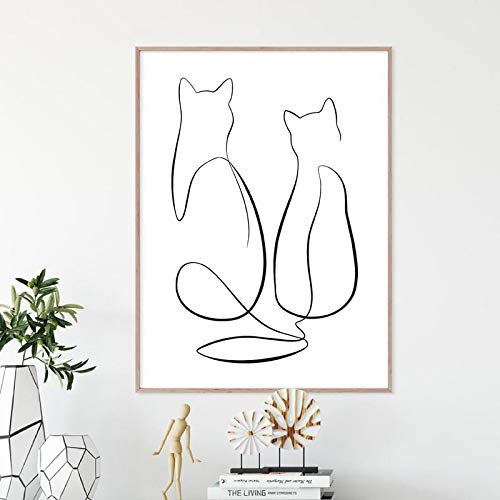 Kuingbhn Zwei Katzen Single Line Malerei Wand Leinwand Kunstdruck Schwarz-Weiß-abstraktes Poster moderne minimalistische Dekoration 30x40cmx1 Stück rahmenlos