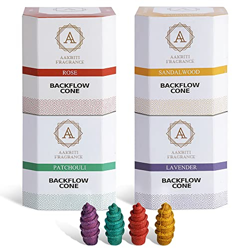 Aakriti Conos de Incienso de reflujo de, Incienso de Cascada Natural Hecho a Mano, Rosa, sándalo, pachulí, Lavanda para meditación, aromaterapia y Yoga -100 Piezas (Juego de 2)