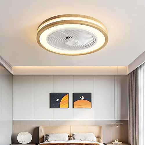 Ventilatore da soffitto in legno a LED con lampada Ventilatore da soffitto moderno invisibile Ventilatore da soffitto ultra silenzioso con illuminazione Plafoniera dimmerabile con telecomando Ø50cm