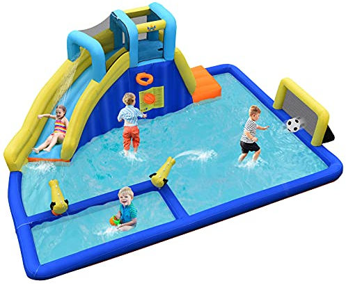 COSTWAY Aufblasbare Hüpfburg mit Wasserrutsche, Wasserspielcenter Springburg Wasserpark Spielplatz 525x373x205cm (ohne Gebläse)