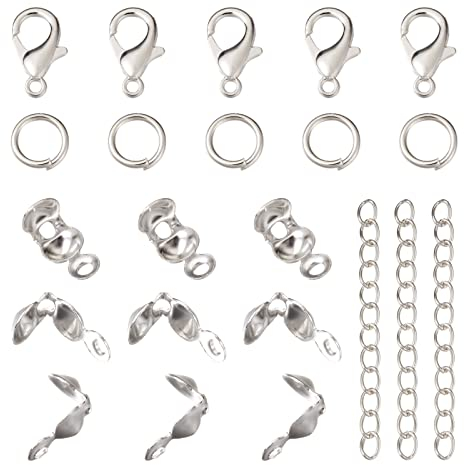 PandaHall 800 Stück/Box Eisenperlenspitzen & offene Binderinge & Verlängerungsketten & Legierung Karabinerverschlüsse Silberbeschichtet Schmuckherstellung Kit für DIY Schmuck Basteln Herstellung