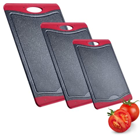 Westmark 3 Schneidbretter, 3 Größen, mit Saftrille, rutschfest und klingenschonend, Granitoptik, Kunststoff, Anthrazit/Rot, 621722E6