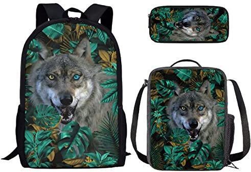 Binienty Modischer Rucksack Teen Jungen Mädchen Schulbuch Tasche mit Lunchbox Stifteetui 3 in 1, Wolf-2, Einheitsgröße