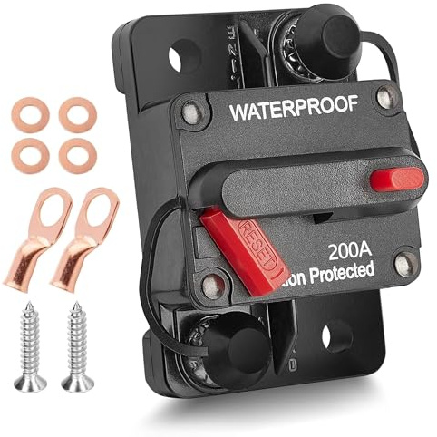 RED WOLF Auto 200A Schutzschalter mit Kabelschuhe Kupferscheiben Sicherungshalter Wasserdichte mit Manuellem Reset für LKW Wohnmobil Boot Auto Audio 200 Ampere Leistungsschalter 12V-24V DC