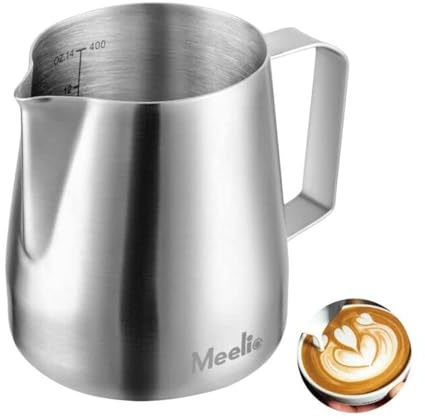 Meelio Stainless Steel Milk Frothing Pitcher 14oz, Espresso Milk Frother Cup 400ml Milk Steaming Pitcher with Measurement Scale, Latte Art Pitcher, steamer cup