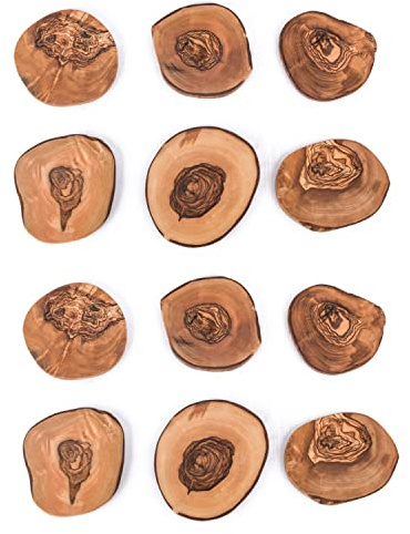 12er Set Untersetzer im Naturschnitt rustikal Glasuntersetzer Olivenholz Handgemacht Holzuntersetzer Geschenk (12er Set)