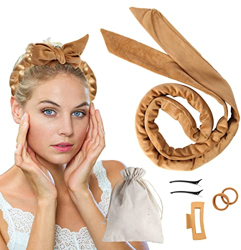 Lenvais Locken Ohne Hitze,Locken über Nacht Heatless Curls Band mit 2 Stück Haarspange,DIY Heatless Hair Curler Set Haarband Lockenwickler über Nacht für Mittleres Langes Haar (Khaki)
