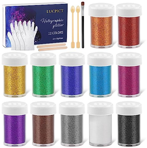 LUCPICT 12 Farben Glitzerpulver Set, Feiner Glitzerpuder für Epoxidharz, Bastel Glitzer Glitter Bunte für Harz Tumbler, Nagelkunst, Make-up, Körper, Karten, Papier, Schleim, Festival-Dekoration