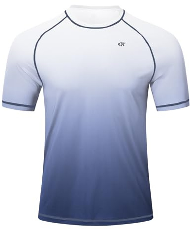 Huayuzh Men's Watersport Rash Guards Swimming Shirts UV Swim Top UPF 50+ Quick Dry Short Sleeve Surfing Running Sports Top White Gradient 5XL