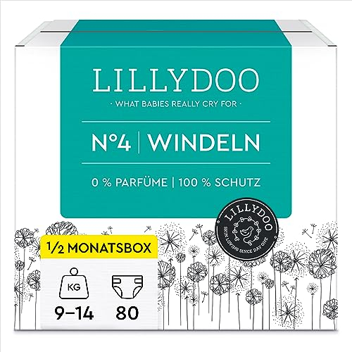 LILLYDOO hautfreundliche Baby Windeln - Größe 4 (9-14 kg),Halbmonatsbox (80 Stück), Sicherer Auslaufschutz, Weich, Ohne Parfüme & Lotionen für empfindliche Haut, Dermatologisch getestet