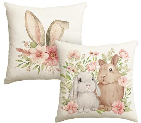 Artoid Mode Set di 2 federe per cuscino pasquale con orecchie di coniglio rosa, 45 x 45 cm, motivo a pois, per primavera, per divano, soggiorno, decorazione