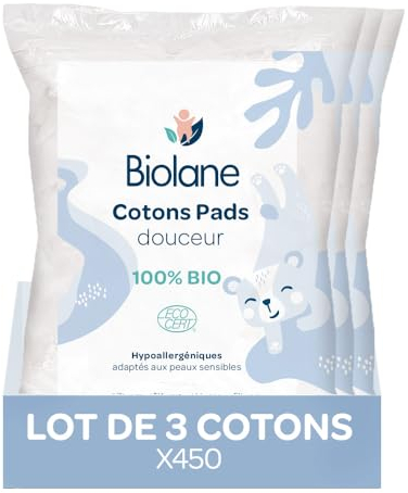 BIOLANE - Lot de 3 Cotons pads douceur - Bébé - 100% Bio - 150 Cotons - Peaux sensibles - Change & Toilette - Dès la naissance - Fabriqués en France
