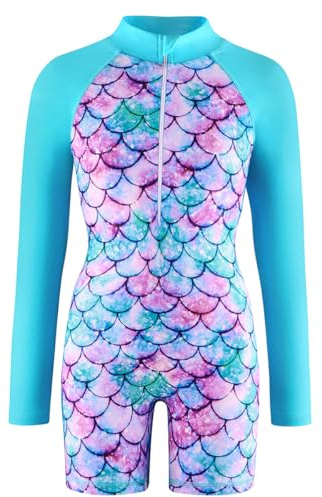 Boteria Mädchen Badeanzug Einteiler Schwimmanzug UPF 50+ Schutz Langarm Bademode Kinder Sonnenschutz Badeanzug Swimsuit (Blau, 130（7-8 Jahre）)