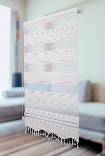 PlisseeOnline Doppelrollo Klemmfix ohne Bohren Weiß Silber Glitzer mit Perlen Duo Rollo für Fenster und Türen Plissee Rollo Gardine 60 x 150 cm Blickdicht Klemmrollo mit Perlen Seitenzugrollo