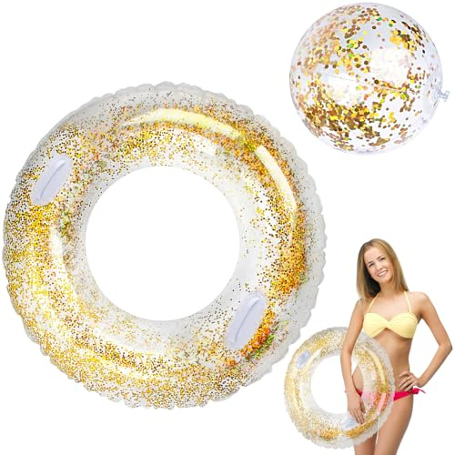 Anello da Nuoto, RosyFate Anello da Nuoto Gonfiabile con Paillettes, Anello di Nuoto Galleggiante, Anello Gonfiabile Adulti, Anello da Piscina, per Spiaggia Piscina Estiva (Oro SET)