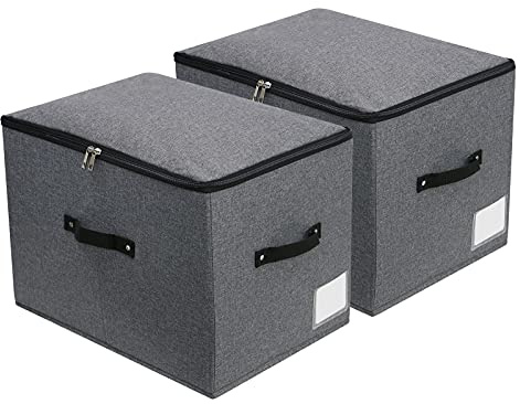 Caja de almacenamiento plegable de tela con tapa con cremallera, asa, mantas, ropa, colchas, cesta organizadora para dormitorio, armario, estante, 44 x 33 x 31 cm, color negro y gris, paquete de 2