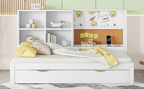 KAZZIO Schlafsofa mit ausziehbarem Bett, USB-Ladeanschluss, Zeichenbrett, mehrere Staufächer, 90 * 200cm (Weiß)