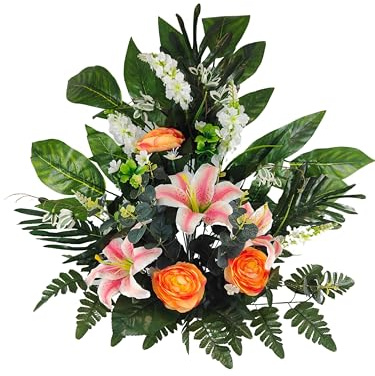 DRW Zentrum für Kunstblumen, Friedhof, Kirche, Hochzeiten, Grabstätten, Wildblumen, Orange mit Lilien, 70 x 60 x 30 cm